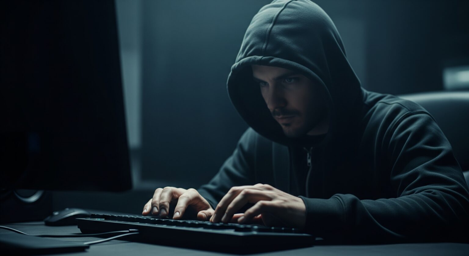 cyberprzestępca przed ekranem monitora