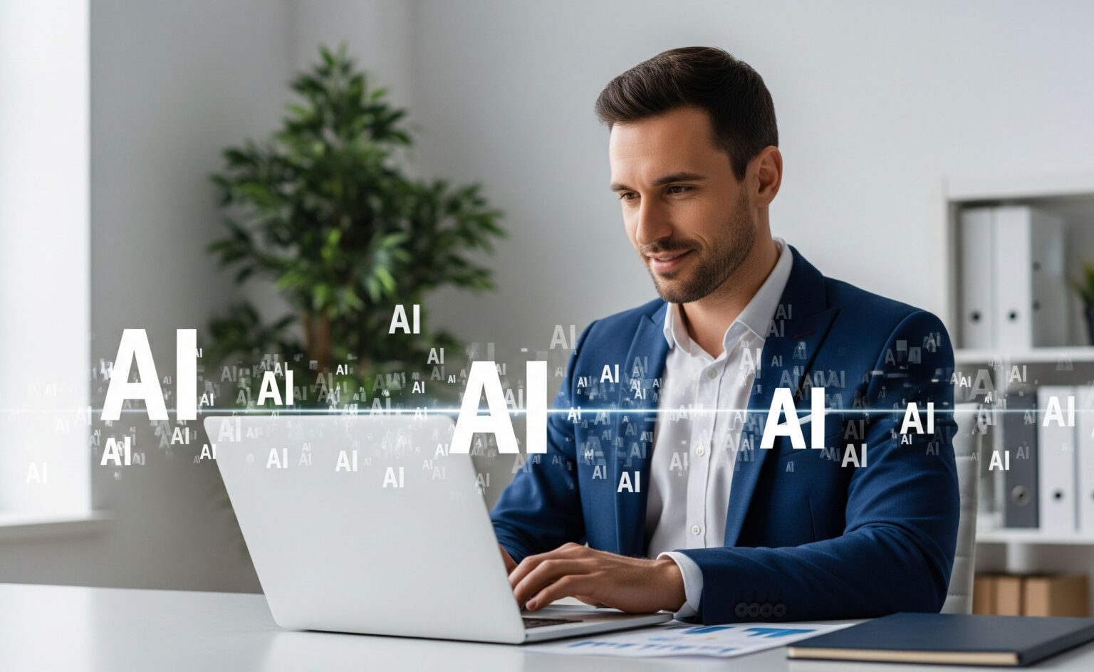 Mężczyzna przy laptopie w biurze grafika AI