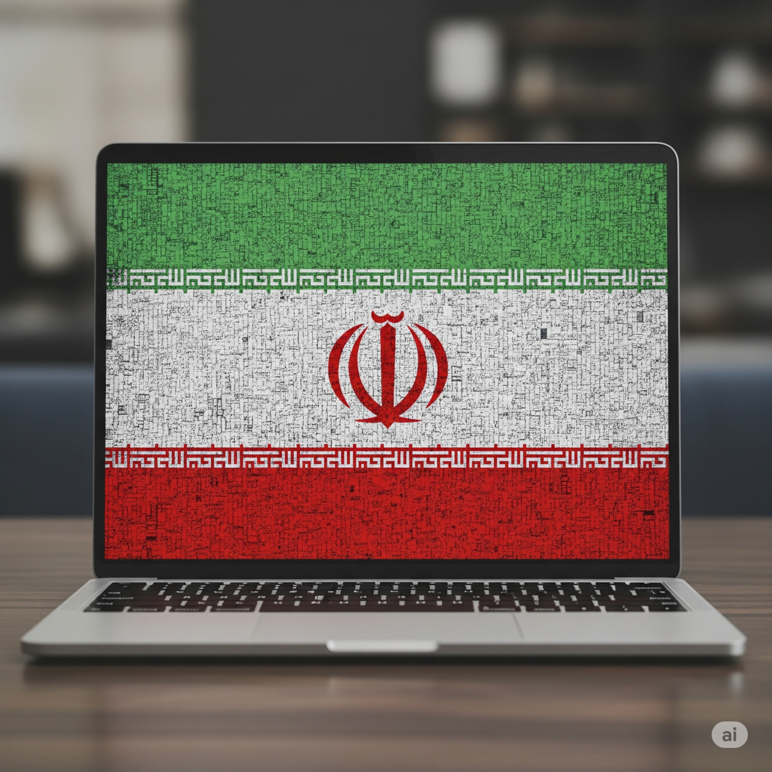 laptop z flaga iranu napisaną formie kodu (fot. wykonana przez AI)